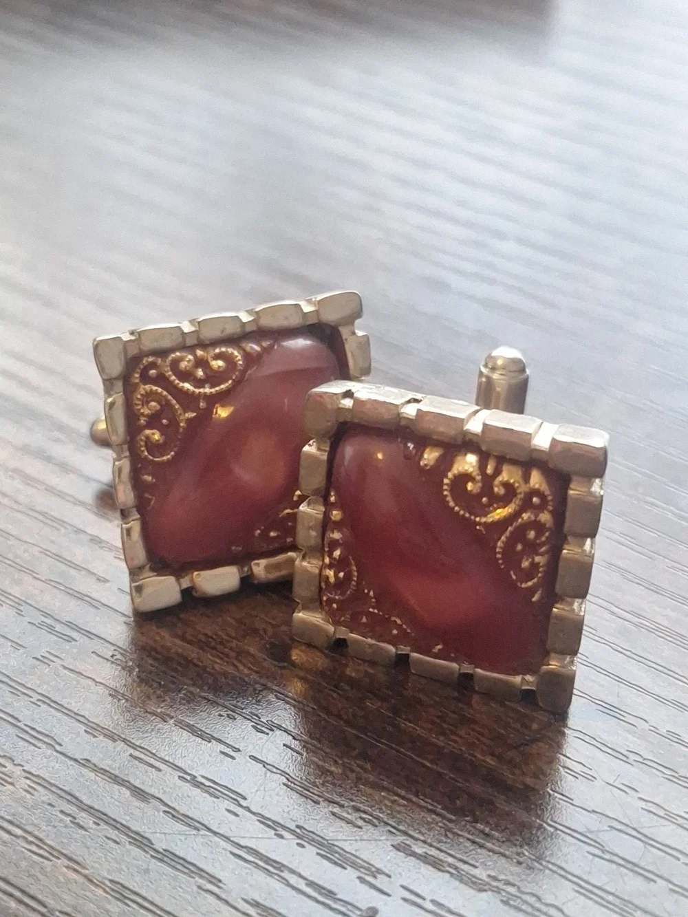 Vintage Maroon and Gold Square Cuff Links
